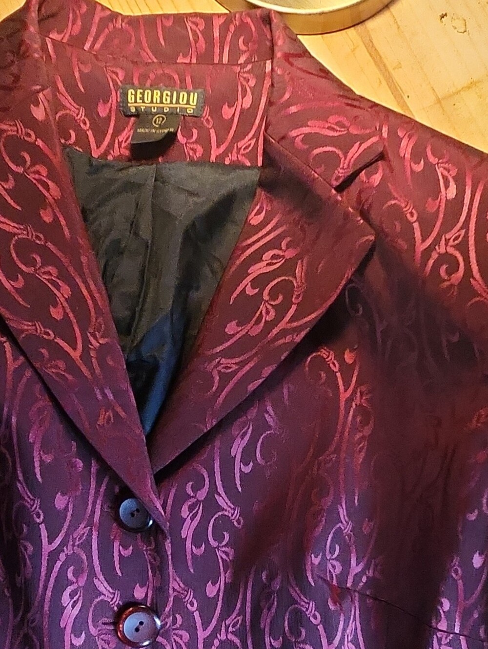 Georgiou Studio Vintage Womens Sz 12 Burgundy Brocade Jaqaurd Blazer, Excellent